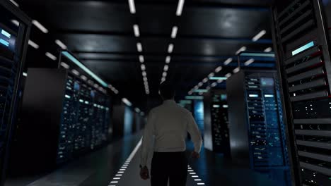 Brand-Building.-IT-Administrator-Activating-Modern-Data-Center-Server-with-Hologram.